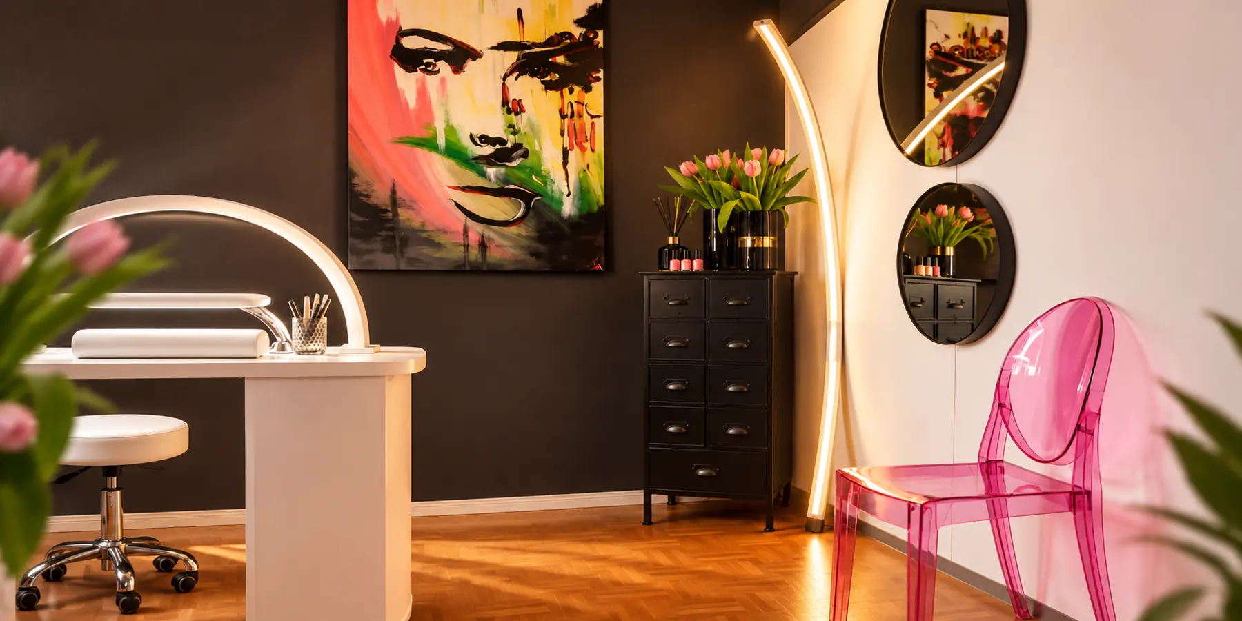 Das Nagelstudio von Ewa Fieber in Stade mit Nageltisch, Kunstwerk und Tulpen